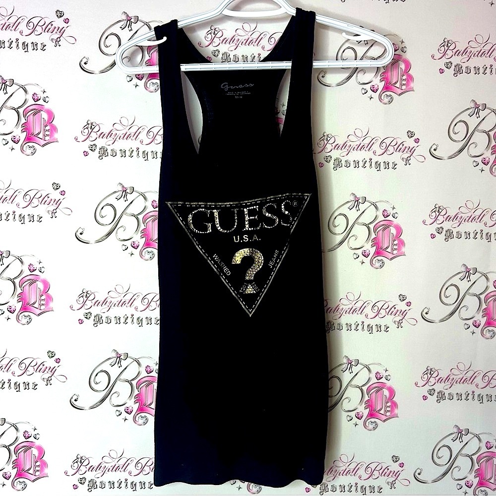 Guess Black Tank Top rhinestone diamond bling logo vintage